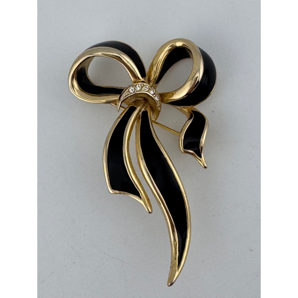 Gold Tone‎ Black Enamel Ribbon Bow Brooch Rhinestone Accent